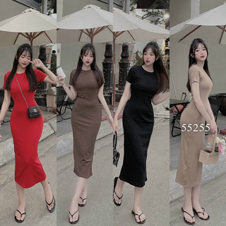 Đầm gân cổ tròn tay ngắn dáng dài body