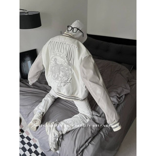   New Version Áo Khoác Bomber Varsity Jacket Comission - Bóng Chày Unisex Nỉ Dạ Tay Da Hoạ tiết Thêu 