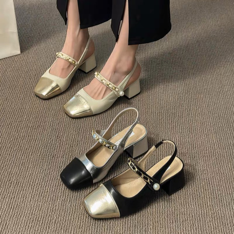 Giày xăng đan công sở đế vuông kiểu pháp mũi vuông mùa hè 2023