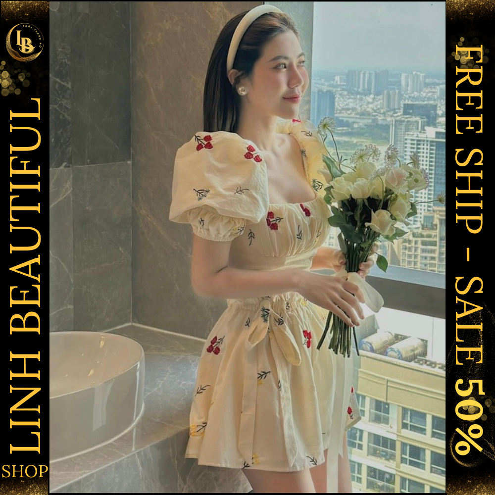 💕𝙁𝙍𝙀𝙀𝙎𝙃𝙄𝙋💕Sét bộ áo Croptop hoa tay nhún bèo mix quần short nơ nhẹ nhàng , sanh chảnh , secxy , Linh Beautifrl