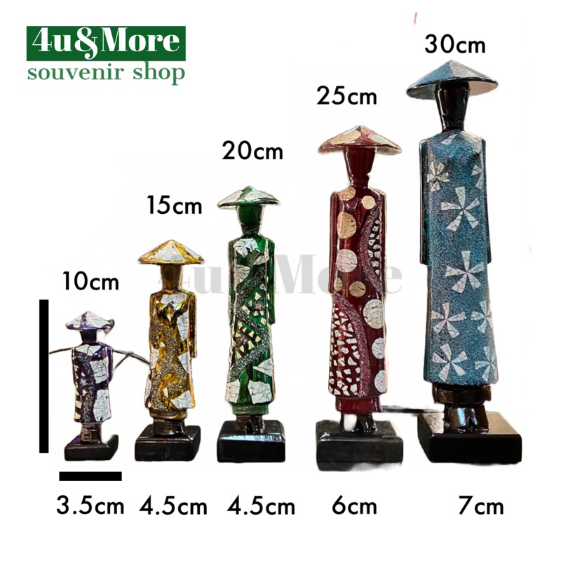 Tượng gỗ sơn mài khảm trứng cô gái áo dài nón lá hoạ tiết hoa, chấm bi trang trí