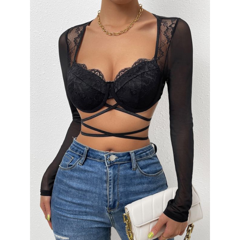 Áo croptop buộc dây ở eo chất liệu ren lưới sexy sang chảnh đi tiệc trendy phong cách Âu Mỹ thời trang dành cho nữ 🖤