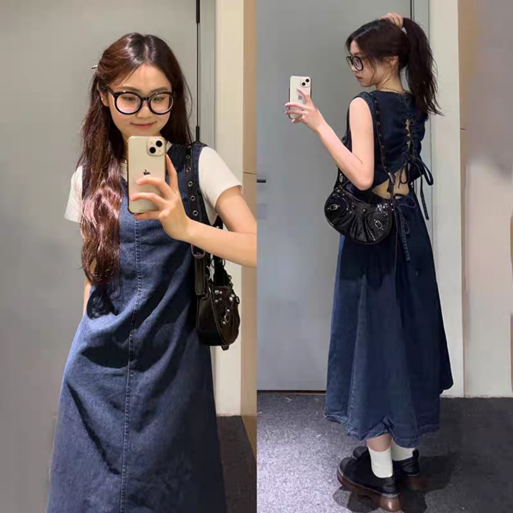 (sẵn) Váy yếm Jeans dáng dài dây rút hở lưng phong cách Ulzzang, yếm bò denim V18