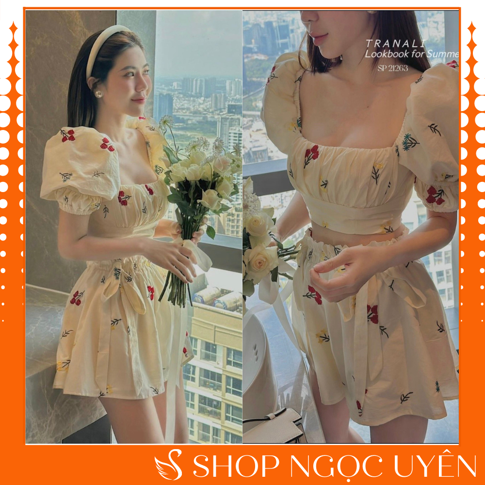 Set Bộ Nữ Đi Chơi Áo Cổ Vuông Tay Bồng Dáng Croptop Mix Quấn Short Buộc Nơ Hoa Nhí - Ngọc Uyên Store