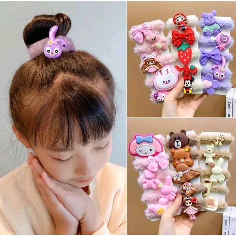 Set 5 dây cột tóc nữ bằng lông nhung đính charm hoạt hình gấu dâu losto, gấu bear, búp bê