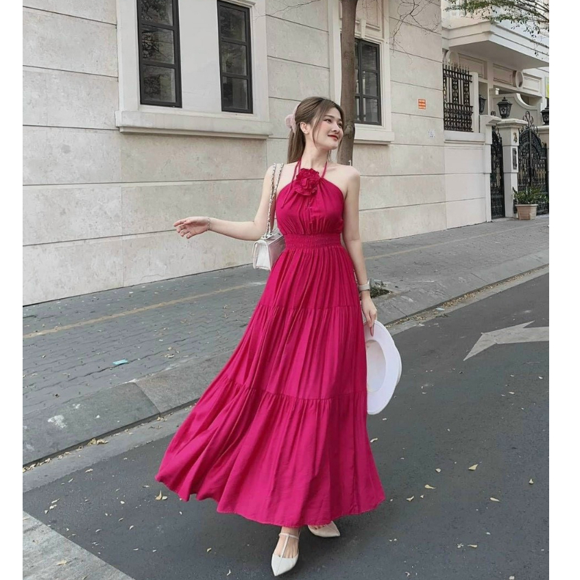 Đầm váy maxi cổ yếm đính bông bo chun eo   phù hợp đi chơi đi biển HT 065