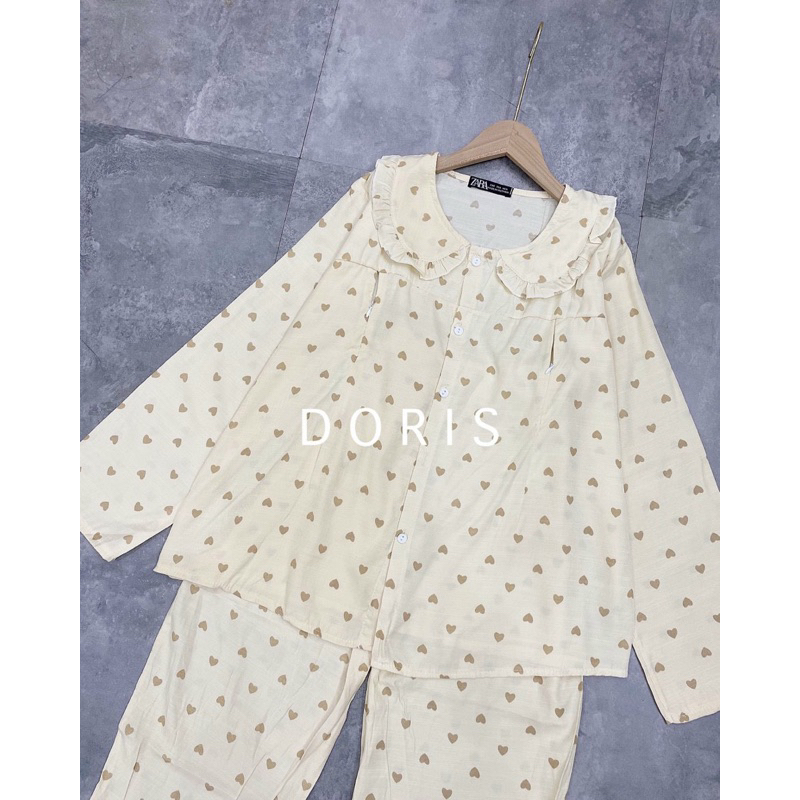 Bộ đồ bầu Pyjama cổ sen B068 chất đũi lạnh và cho con bú khoá ngực tiện lợi-mặc trước và sau sinh