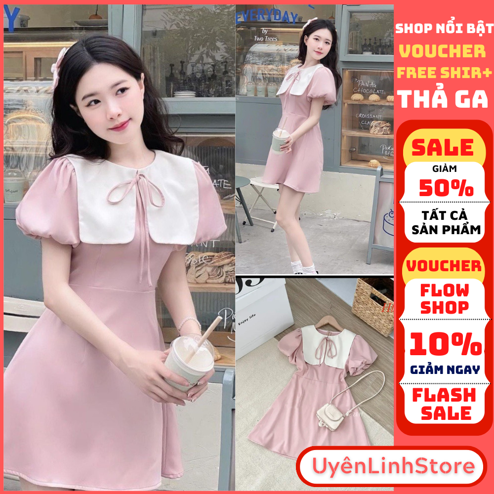 💖FREESHIP💖Váy thủy thủ bánh bèo phối cổ nhún tiểu thư, Đầm babydoll dự tiệc ulzzang hàn quốc tone hồng paster