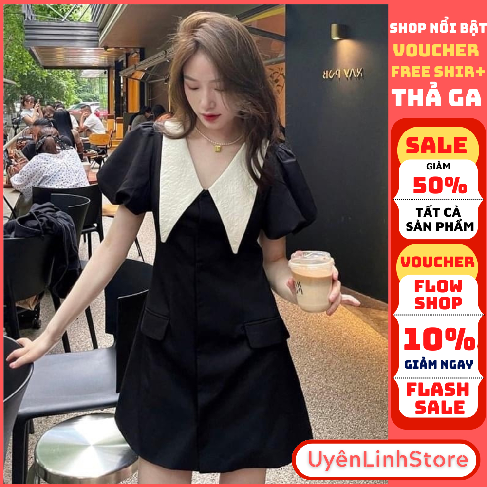 💖FREESHIP💖Đầm Váy Đen Cổ Chéo Trắng Túi Nắp Đầm Váy Chữ A - UyênLinhStore