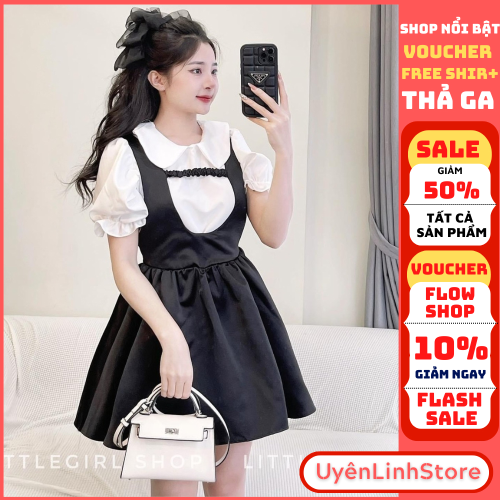 Set áo sơ mi bèo tay bồng kết hợp với váy gile chữ U chun ngang ngực tiểu thư - Uyenlinhstore