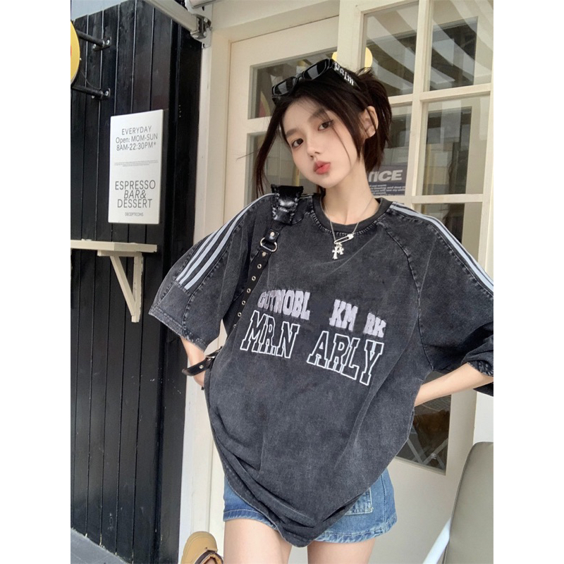 ( ORDER ) Áo Phông Rộng Cổ Tròn Phối Sọc Tay Màu Giả Jean