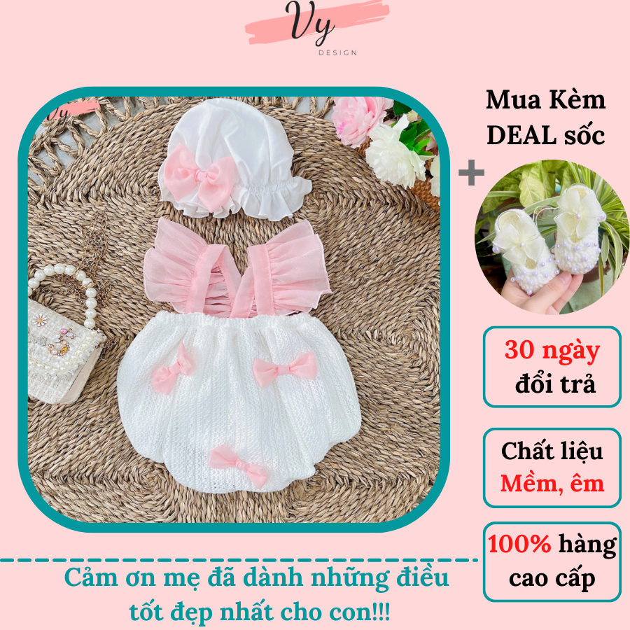Set Body Bé Gái VY DESIGN. Bodysuit Cho Bé Gái Sơ Sinh Thiết Kế Kèm Phụ Kiện, Chất Mát. Đầm Đầy Tháng, Váy Sơ Sinh