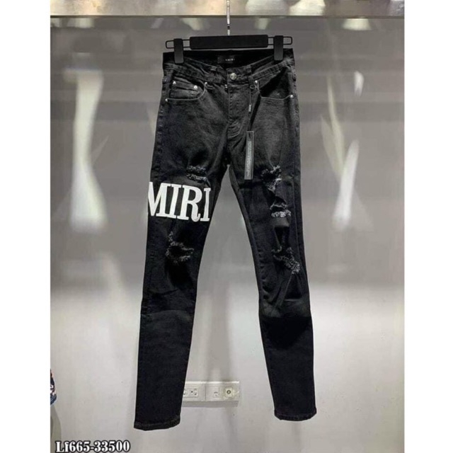 Quần jean côn đen Amiri rách xước chữ da hot trend QJ23