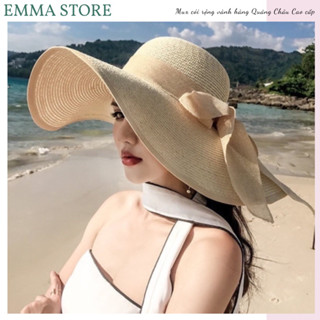 Nón cói, Mũ cói đi biển cho nữ, chất liệu mũ cói mềm phối nơ đẹp (hình chụp thật)-vành to nơ dài