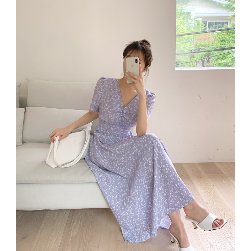 Đầm nữ hoa nhí màu tím Pastel dáng dài MIDI cổ V phong cách dịu dàng siêu xinh