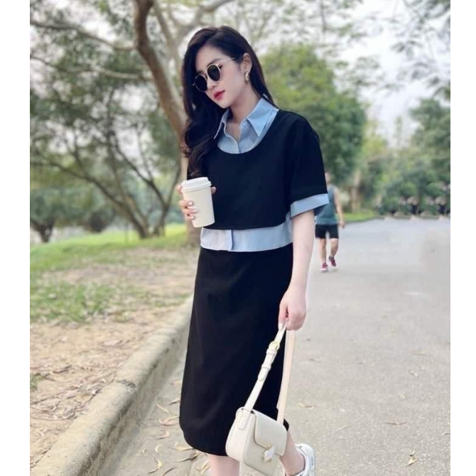 Set áo kiểu cổ sơ mi tay lỡ phối chân váy dáng A dài thời trang công sở thiết kế đi làm đi chơi trẻ trung năng động LEVA