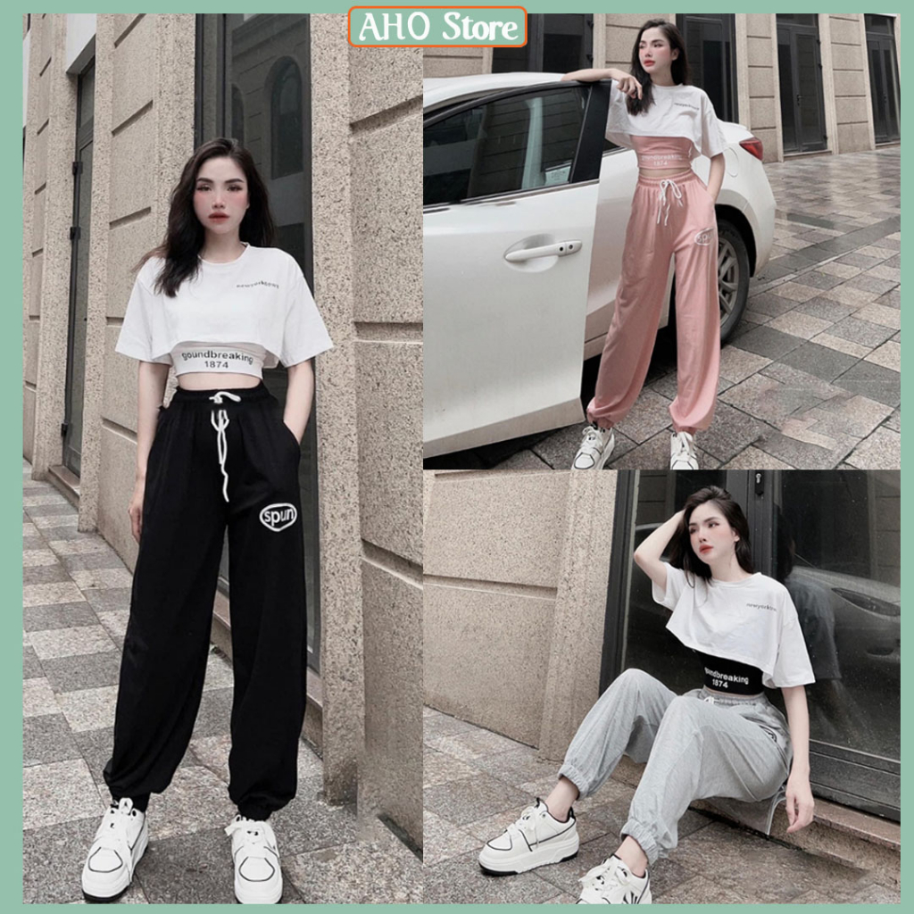 Bộ 3 Món Áo Croptop Form Rộng Tay Lỡ SPUN Ngắn Tay Mix Áo Trong Kèm Quần Jogger Chun Ống Freesize