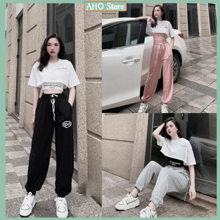 Bộ 3 món áo croptop form rộng tay lỡ spun ngắn tay mix áo trong kèm quần jogger chun ống freesize