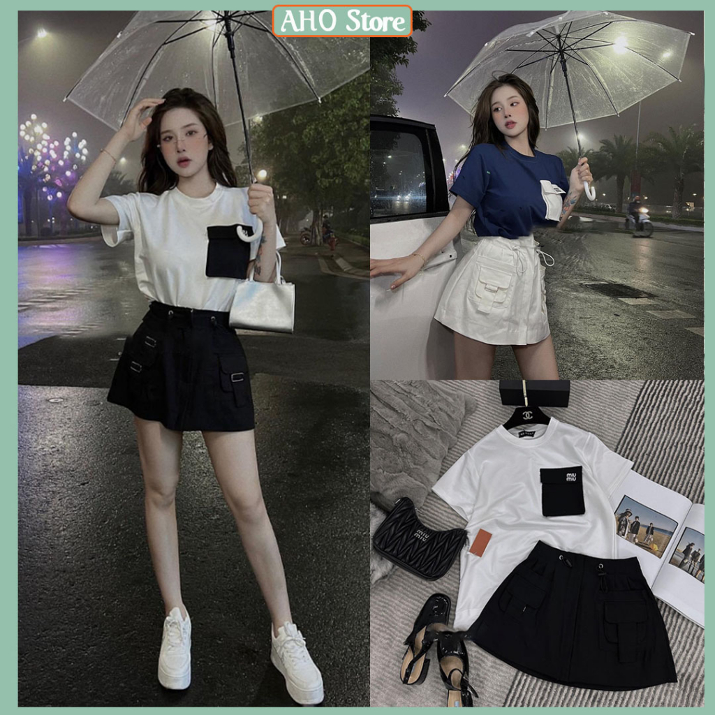 Set Váy Nữ Áo Phông Nữ Túi Ngực MiuMiu Mix Chân Váy 2 Túi Trước Có Quần Lót Trong Freesize