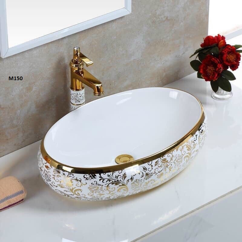 Lavabo bàn đá trắng hoa văn vàng-lavabo nhà tắm