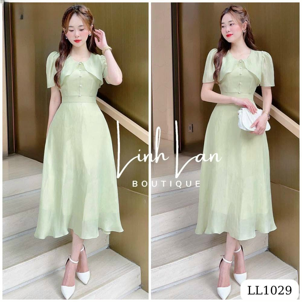 Đầm tiểu thư đính ngọc,đầm midi màu xanh lá mạ non hottren,thời trang dạo phố đi tiệc sang chảnh