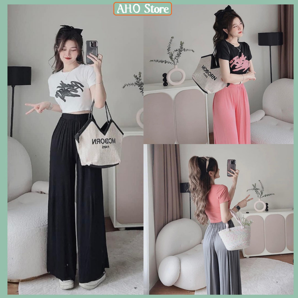 Bộ Đồ Nữ Áo Croptop Ngắn Tay Ready Ôm Body Mix Quần Suông Dáng Dài Ống Rộng Freesize