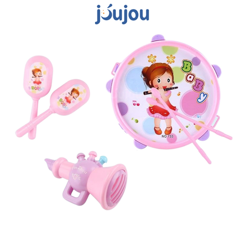 Bộ đồ chơi trống kèn JuJou có mẫu kèm xúc xắc, kèn, âm vang tốt, chất liệu nhựa bền đẹp an toàn