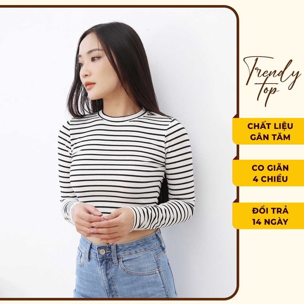 Áo croptop tay dài - Áo thun tay dài sọc ngang cổ tròn 2 màu đen trắng AT26, TRENDY TOP