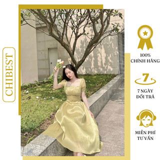 Đầm maxi lụa ánh cổ vuông nút bọc tay bồng chibest hdc42