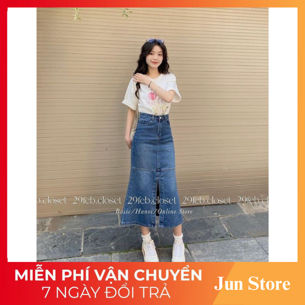 Chân váy jeans dài đuôi cá xẻ trước Jun Store 6878