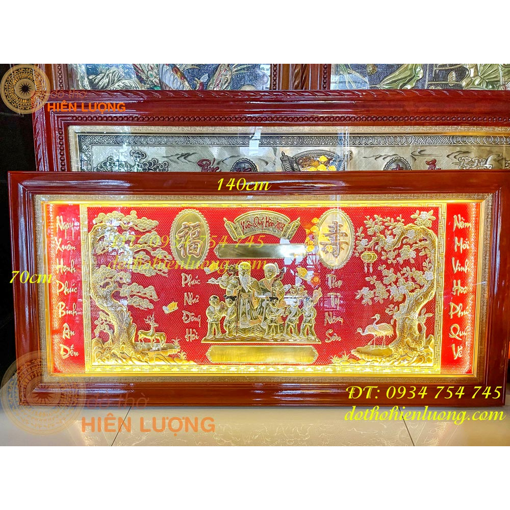Tranh mừng thọ bằng đồng liền tấm khung gỗ thịt kích thước 70x140cm