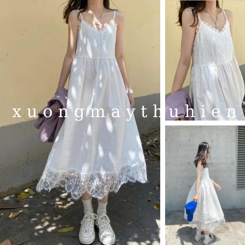 Váy hai dây màu trắng viền ren dáng dài mặc đi chơi đi biển, váy maxi 2 dây chất vải mềm mát xuongmaythuhien