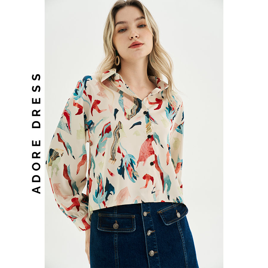 Áo sơ mi Shirts lụa bóng trắng in họa tiết 313SH1004 ADORE DRESS