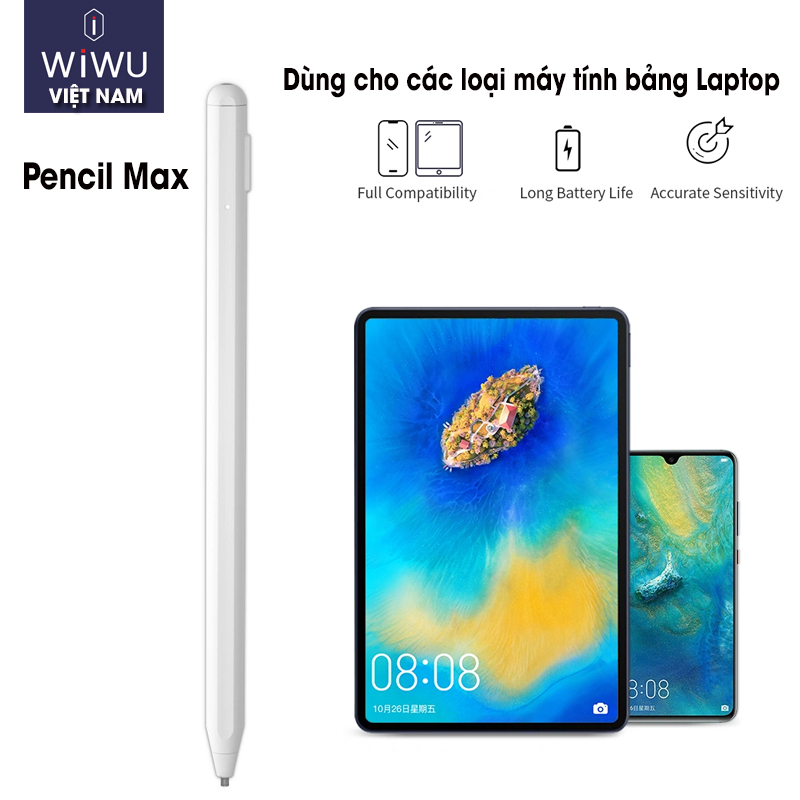 Bút cảm ứng Wiwu Pencil Max dành cho máy tính bảng Pro 11 inch , Air 4 , Air 5 , M1 , M2, tặng kèm 2 ngòi chính hãng