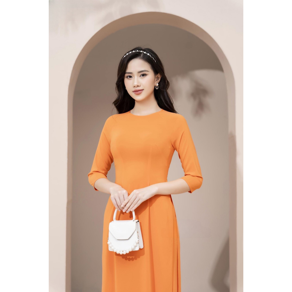 Áo dài lụa trơn màu cam cổ tròn 2 tà