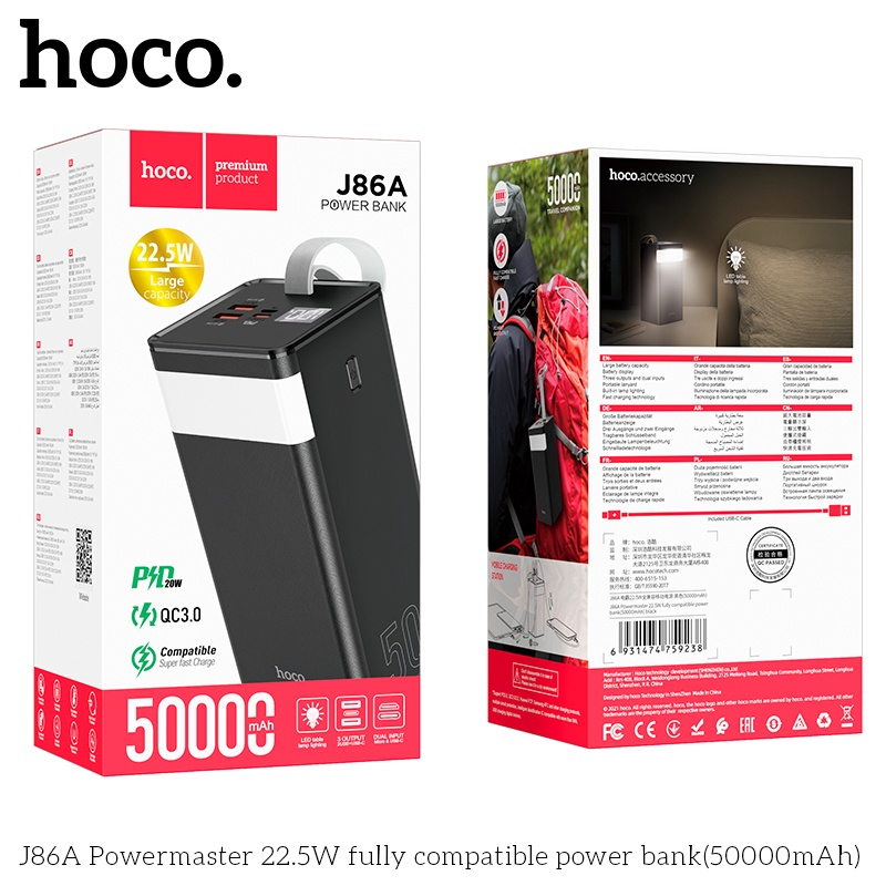 Pin Sạc Dự Phòng Siêu Khủng 50000mAh Chính Hãng Hoco J86A Hỗ Trợ Sạc Nhanh, Có Đèn Pin, Màn Hình BH12 Tháng