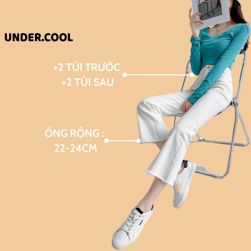 Quần Jean giấy Ống Loe UNDERCOOL Cạp Cao Chất Bò Giấy Đen Trơn giãn gấu tua dáng quần tây ống loe lưng cao đi học làm