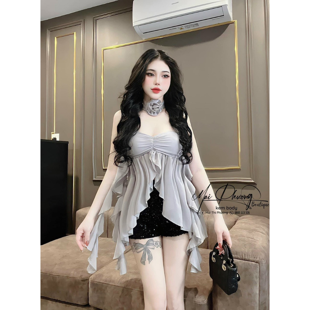 Áo ống body nữ, áo quây tua rua có mút kèm hoa hồng cổ G14