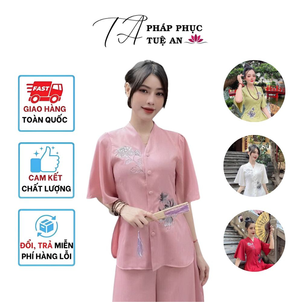 Pháp phục đi chùa nữ, đồ lam đi chùa thêu hoa cúc, quần áo lụa pháp phục cao cấp cho phật tử - Tuệ An