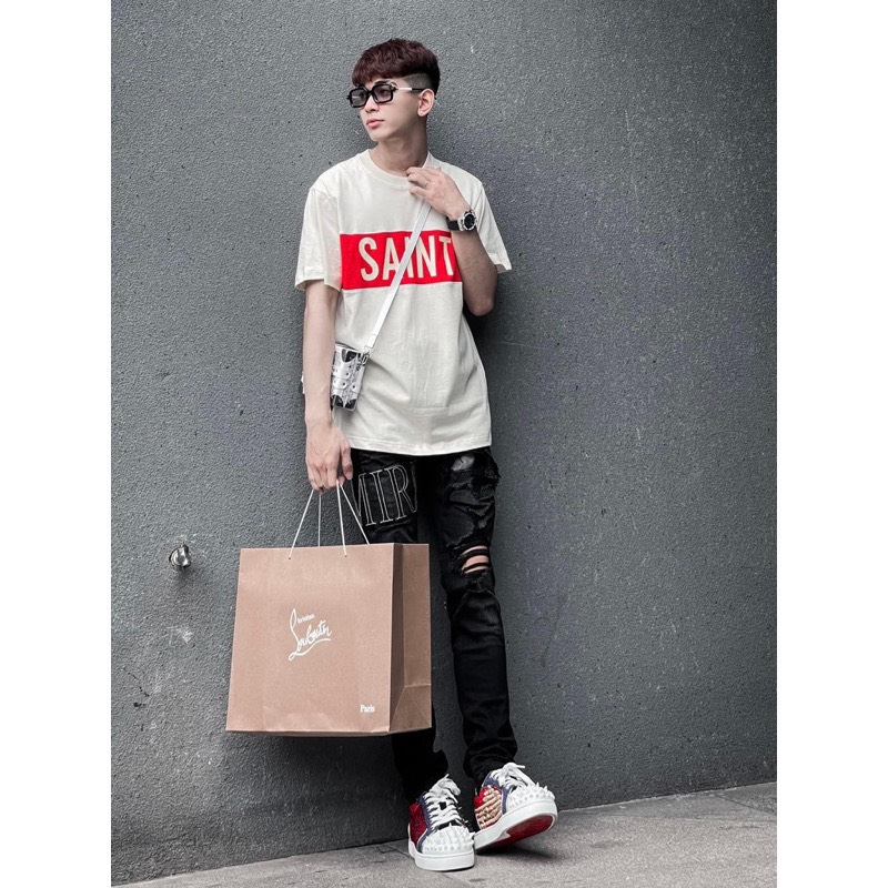 Quần Jean Nam Likeauth Skinny Amiri Slimfit Thêu Chữ Đùi Phối Rách Vá Da Nhăn Đen Dọc Đùi Phong Cách Đường