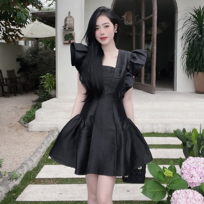 Đầm váy nữ cổ vuông tay bèo cánh tiên dáng xòe thời trang công sở thiết kế đi dự tiệc cưới sự kiện sang chảnh LEVAN