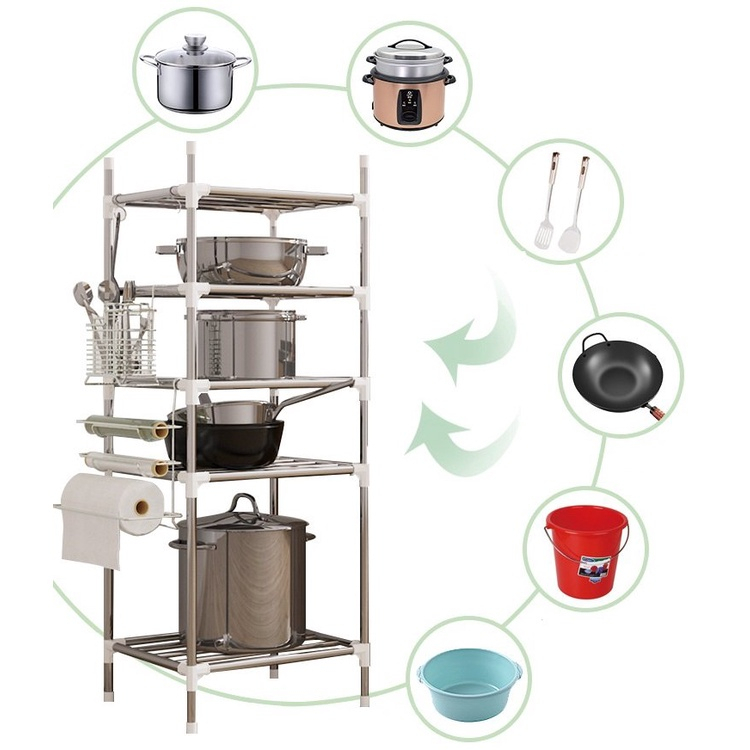 Kệ Để Xoong Nồi Chảo inox 5 tầng sắp xếp xoong nồi nhà bếp gọn gàng tặng móc treo muôi