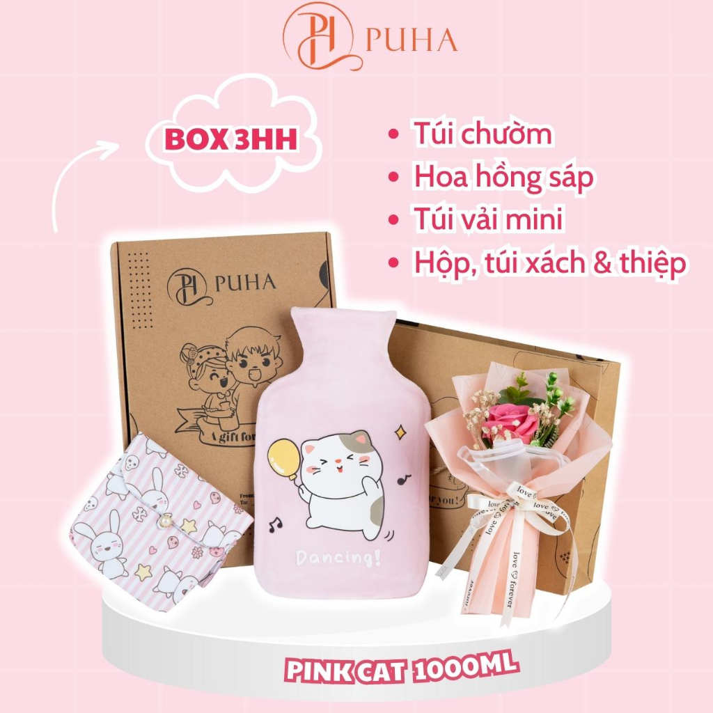 Hộp quà tặng sinh nhật bạn gái PUHA, combo 3 món có túi chườm nóng hỗ trợ giảm đau bụng kinh