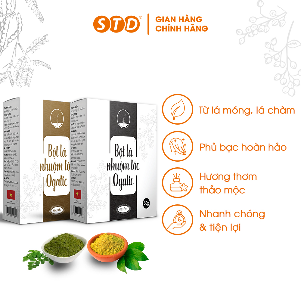 Bột Lá Nhuộm Tóc OGATIC 50G, Nhuộm Tóc Phủ Bạc, Nhiều Màu, Nâu, Đen, Hương Thơm Thảo Mộc Tự Nhiên [CHÍNH HÃNG]