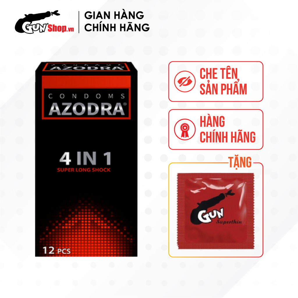 Bao cao su Azodra 4 in 1 kéo dài thời gian hộp 12 cái kèm 1 chiếc BCS Gun Super Thin - 0065