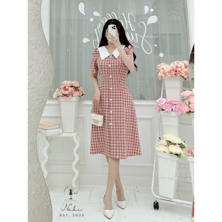 Đầm kẻ phối cổ lá trẻ trung mặc đi làm công sở đi chơi