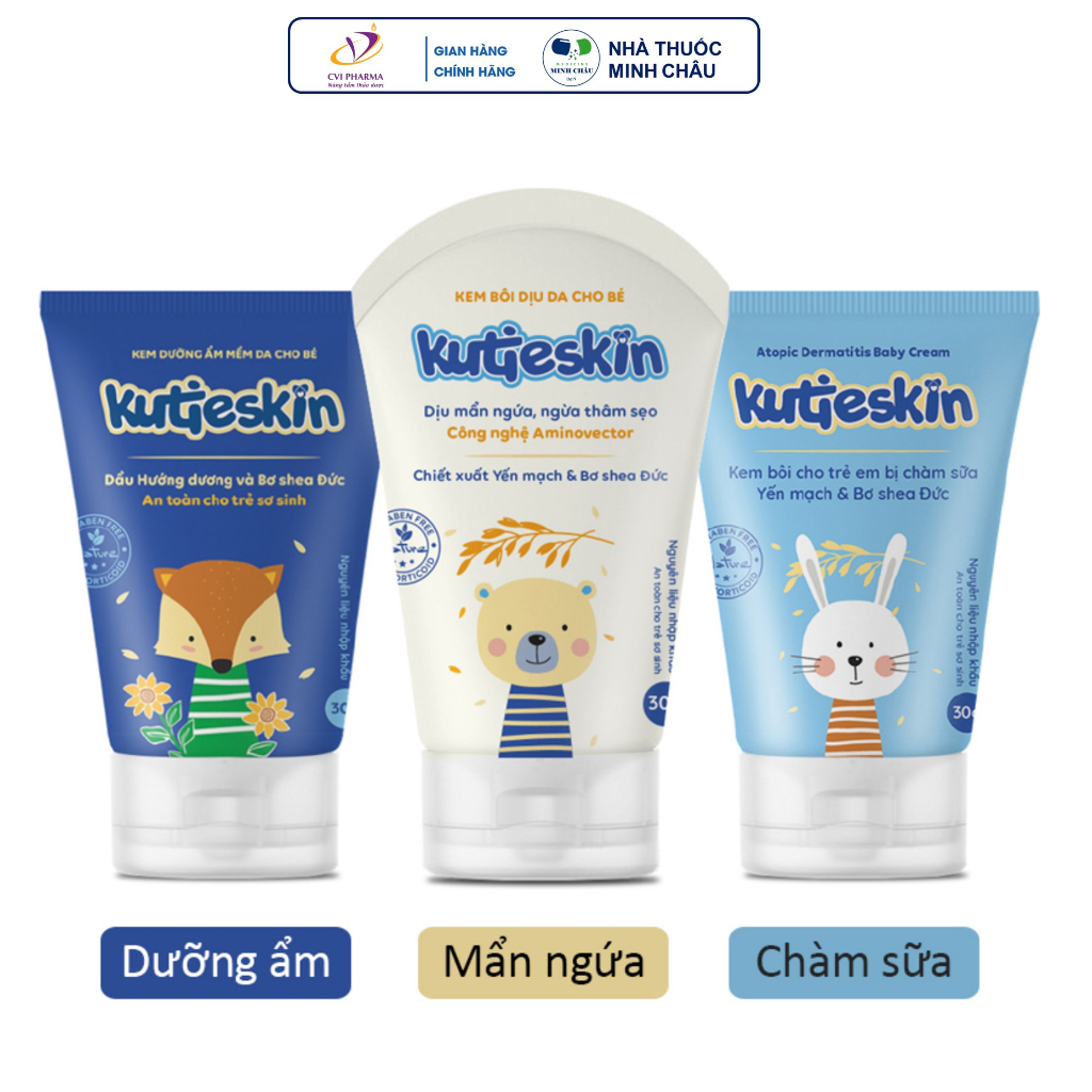 Bộ sản phẩm KUTIESKIN cho bé (dưỡng ẩm/ chàm sữa/ ngứa, hăm) [kutiskin, cutieskin, kutiekin, kem em 