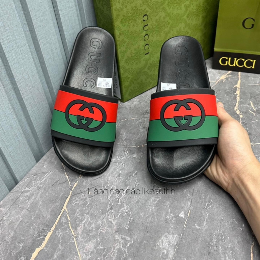 Dép Gucci quai ngang sọc xanh lá đỏ logo GG màu đen- Mẫu dép hot 2023