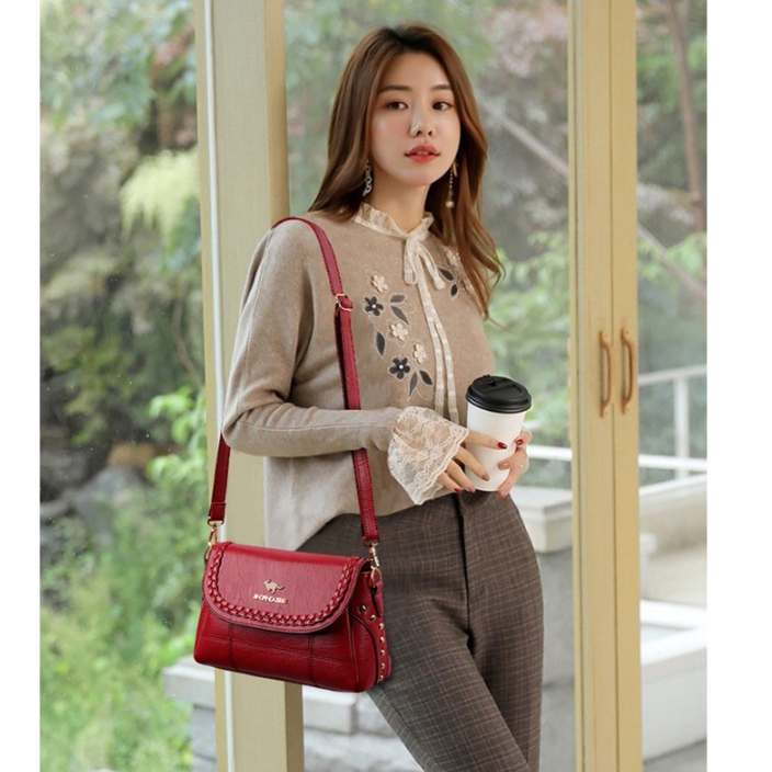 Túi Xách Nữ Da Bò mã MD97 Đeo Chéo màu ĐEN/ĐỎ