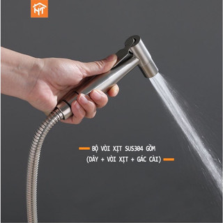 Vòi xịt vệ sinh inox 304 kèm dây và đế cài - Vòi xịt bồn cầu inox SUS 304 cao cấp